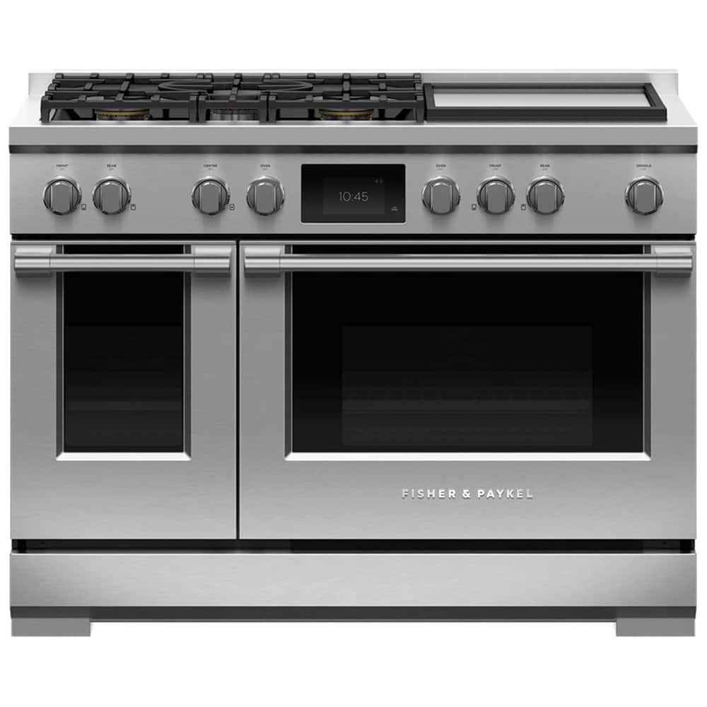 Fisher & Paykel - 48 in. Wide 5 Burner Professional 6.9 Cu.Ft. Freestanding Double Oven Dual Fuel True Convection Range with Self-Cleaning - Stainless Steel/Black Glass