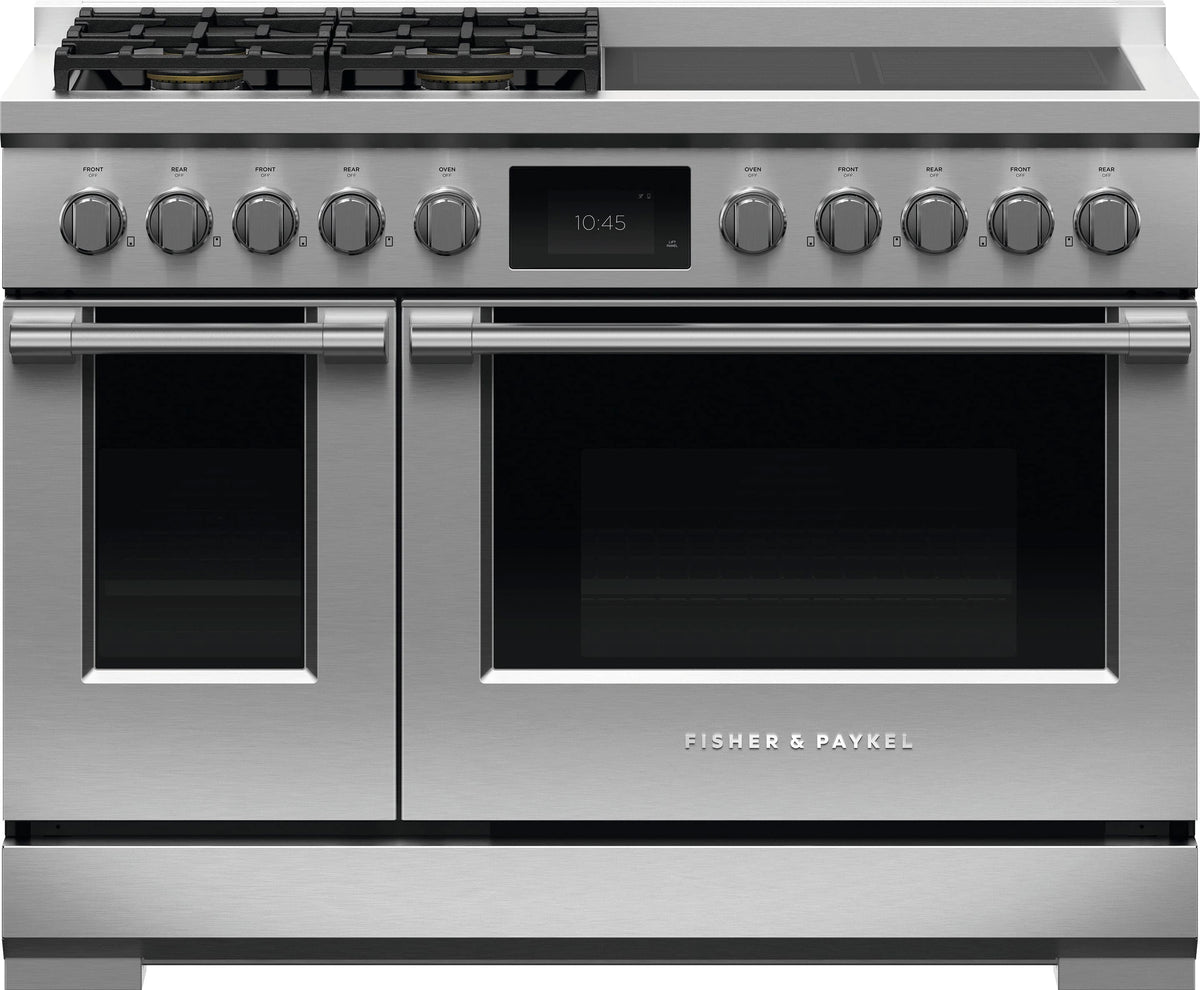 Fisher & Paykel - 48 in. Wide 8 Burner Professional 6.9 Cu.Ft. Freestanding Double Oven Dual Fuel True Convection Range with Self-Cleaning - Stainless Steel/Black Glass