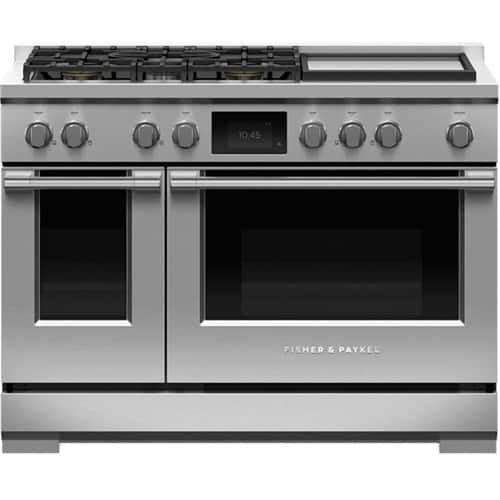 Fisher & Paykel - 48 in. Wide 5 Burner Professional 6.9 Cu.Ft. Freestanding Double Oven Dual Fuel True Convection Range with Self-Cleaning - Stainless Steel/Black Glass