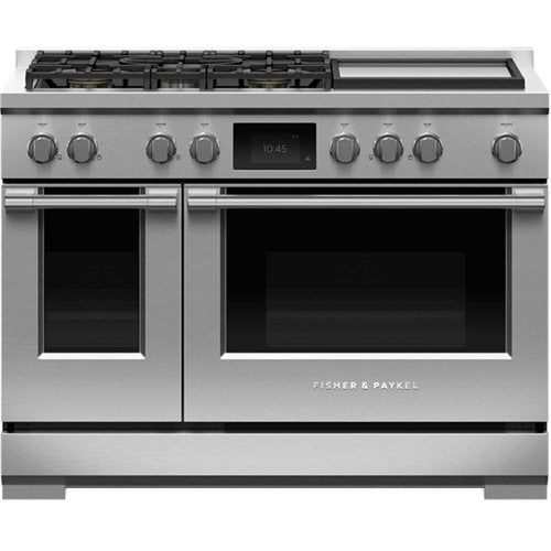 Fisher & Paykel - 48 in. Wide 5 Burner Professional 6.9 Cu.Ft. Freestanding Double Oven Dual Fuel True Convection Range with Self-Cleaning - Stainless Steel/Black Glass