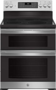 GE - 30 in. Wide 5 Elements 6.6 Cu. Ft. Freestanding Double Oven Electric Convection Range with Steam Cleaning and Air Fry - Stainless Steel