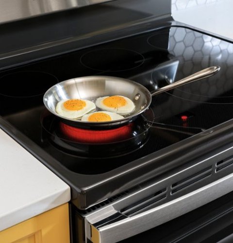 GE - 30 in. Wide 5 Elements 6.6 Cu. Ft. Freestanding Double Oven Electric Convection Range with Steam Cleaning and Air Fry - Stainless Steel