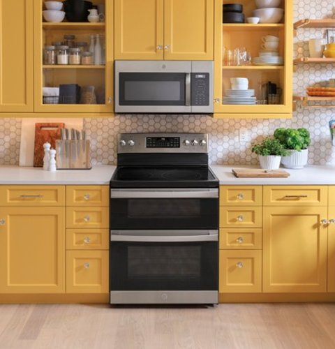 GE - 30 in. Wide 5 Elements 6.6 Cu. Ft. Freestanding Double Oven Electric Convection Range with Steam Cleaning and Air Fry - Stainless Steel