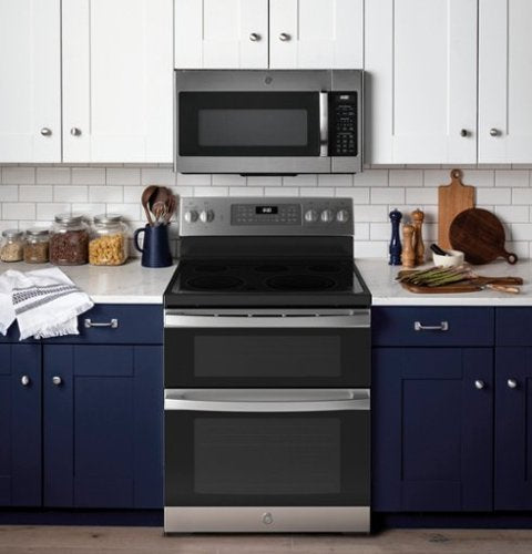 GE - 30 in. Wide 5 Elements 6.6 Cu. Ft. Freestanding Double Oven Electric Convection Range with Steam Cleaning and Air Fry - Stainless Steel