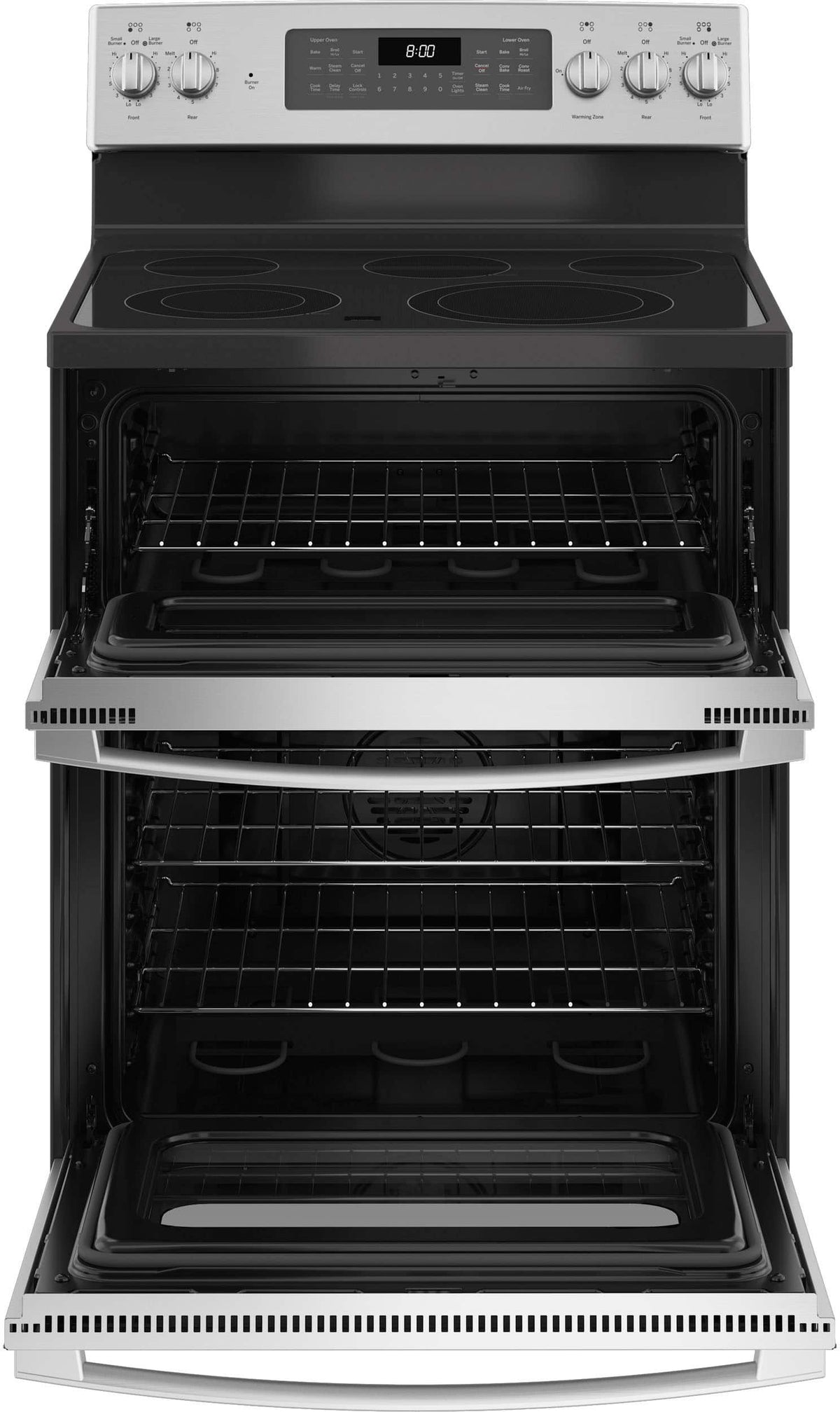 GE - 30 in. Wide 5 Elements 6.6 Cu. Ft. Freestanding Double Oven Electric Convection Range with Steam Cleaning and Air Fry - Stainless Steel