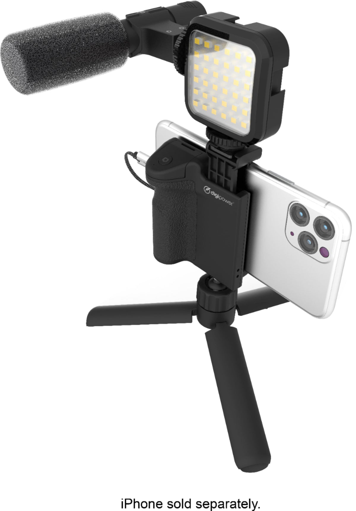 Digipower - Follow ME Vlogging Kit for Phones and Cameras – Includes Microphone, LED light, Bluetooth remote, phone grip and tripod - Black