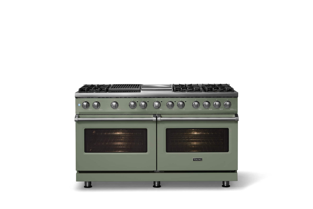 Viking - 60"W. 8 Burner Pro 5 Series 9.4 Cu. Ft. Freestanding Sealed 8 Burner Dual Fuel Convection Range/Griddle/Grill - Eucalyptus