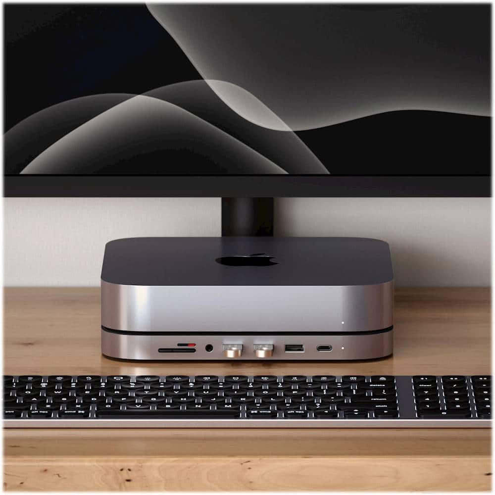Satechi - Type-C Aluminum Stand and Hub for Mac Mini & Mac Studio - USB-C Data Port, Micro/SD Card Reader, 3 USB 3.0 & Audio Jack - Space Gray