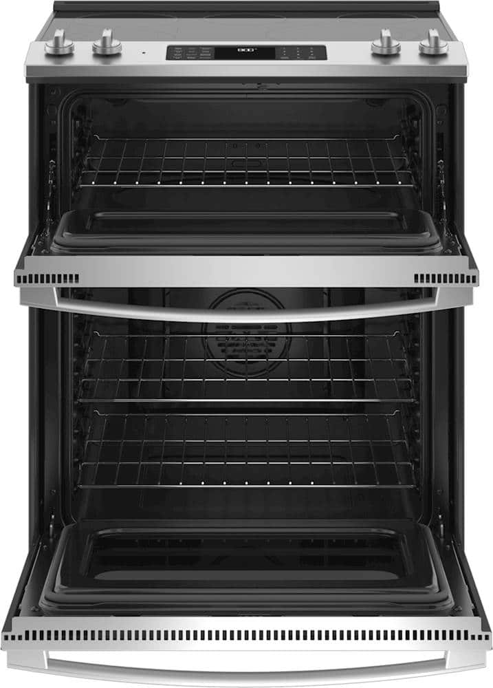 GE - 30" Wide 5 Elements 6.6 Cu. Ft. Slide-In Double Oven Electric True Convection Range w/ Self-Steam Cleaning and Air Fry - Stainless Steel