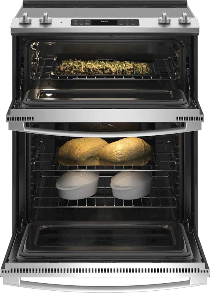 GE - 30" Wide 5 Elements 6.6 Cu. Ft. Slide-In Double Oven Electric True Convection Range w/ Self-Steam Cleaning and Air Fry - Stainless Steel