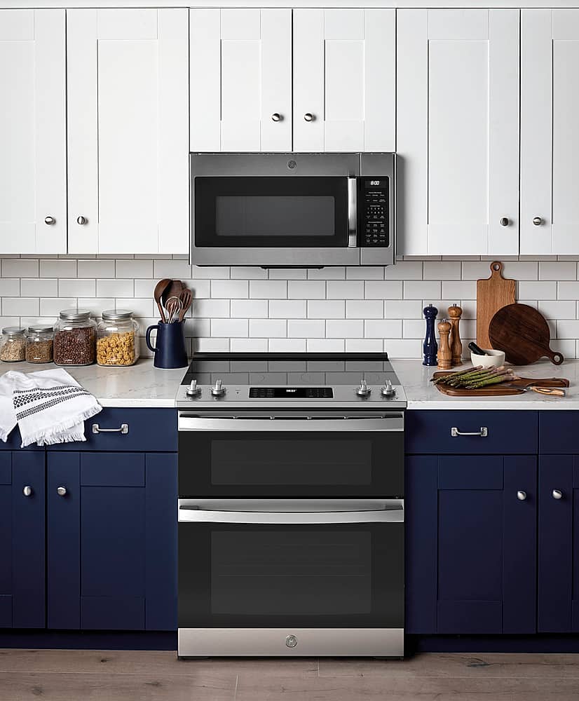 GE - 30" Wide 5 Elements 6.6 Cu. Ft. Slide-In Double Oven Electric True Convection Range w/ Self-Steam Cleaning and Air Fry - Stainless Steel