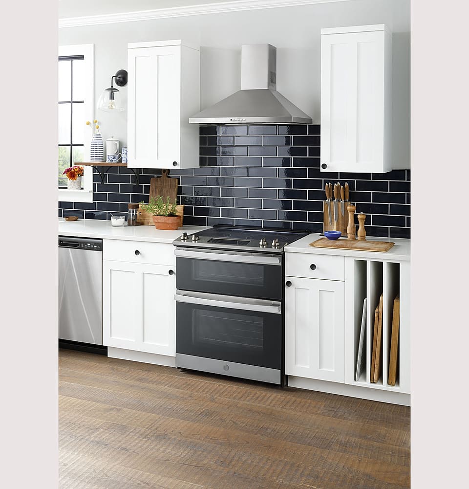 GE - 30" Wide 5 Elements 6.6 Cu. Ft. Slide-In Double Oven Electric True Convection Range w/ Self-Steam Cleaning and Air Fry - Stainless Steel