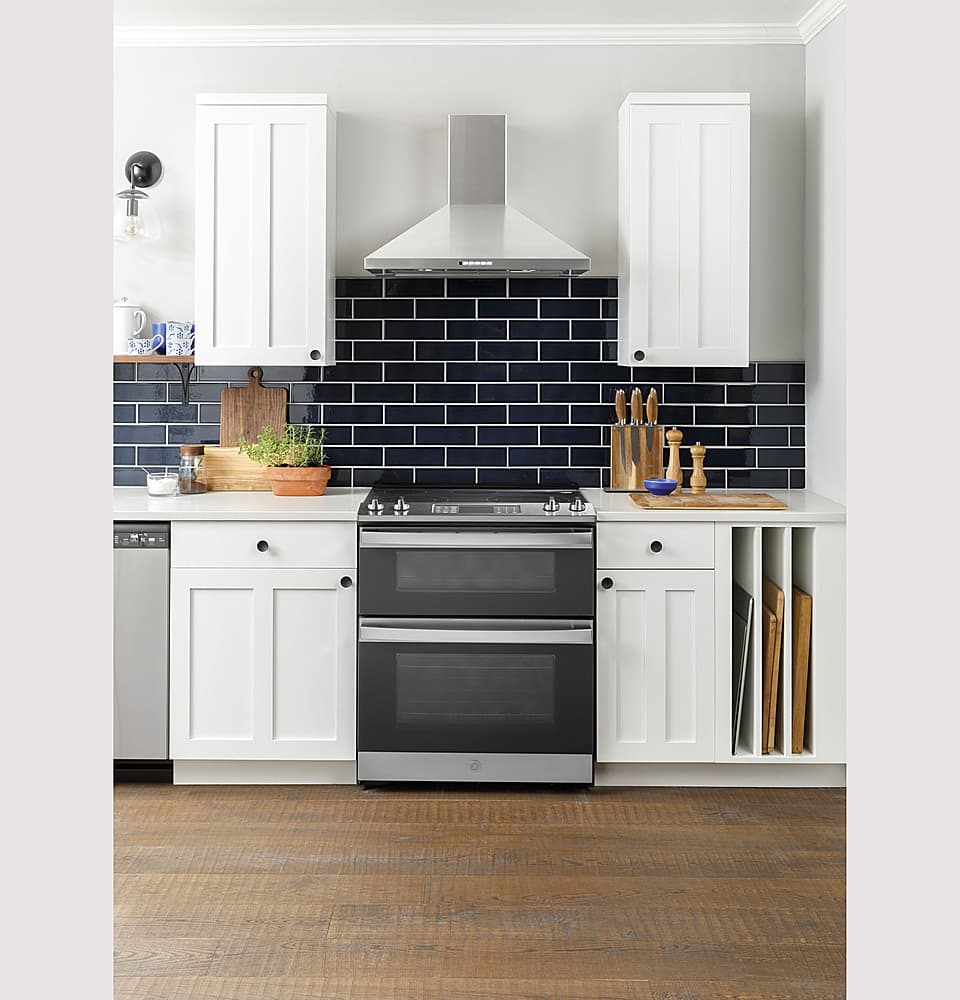 GE - 30" Wide 5 Elements 6.6 Cu. Ft. Slide-In Double Oven Electric True Convection Range w/ Self-Steam Cleaning and Air Fry - Stainless Steel