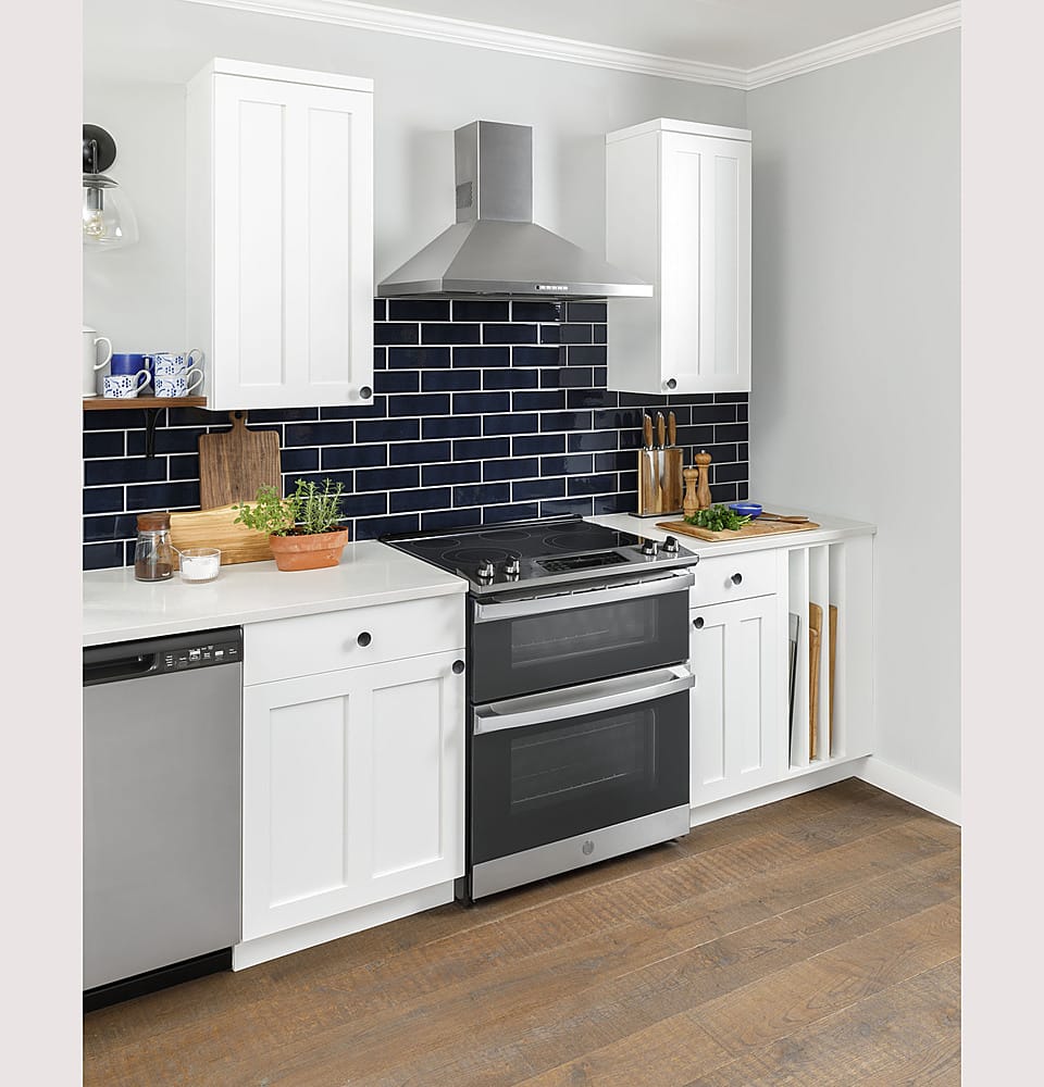 GE - 30" Wide 5 Elements 6.6 Cu. Ft. Slide-In Double Oven Electric True Convection Range w/ Self-Steam Cleaning and Air Fry - Stainless Steel