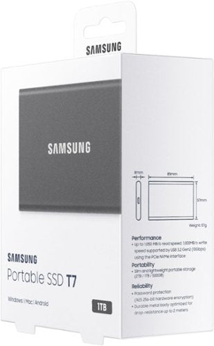 Samsung - Geek Squad Certified Refurbished T7 1TB External USB 3.2 Gen 2 Portable SSD with Hardware Encryption - Titan Gray