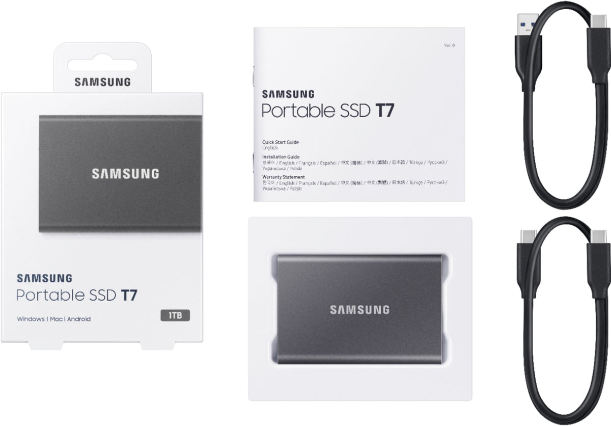 Samsung - Geek Squad Certified Refurbished T7 1TB External USB 3.2 Gen 2 Portable SSD with Hardware Encryption - Titan Gray
