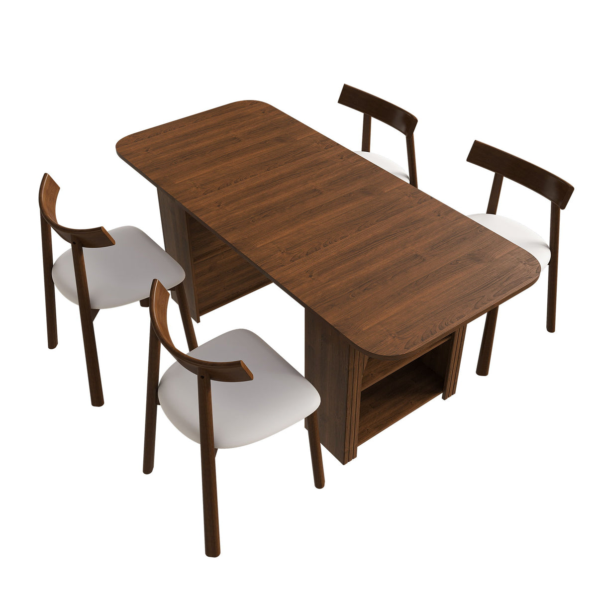 Set de comedor con 4 sillas, mesa con cajones y estante abierto - Nogal