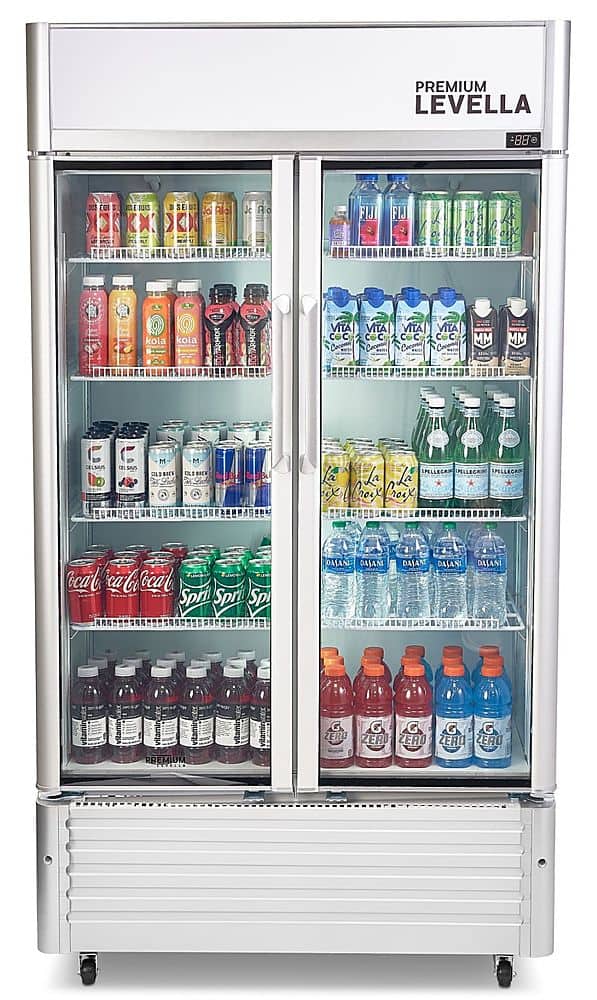 Premium Levella - 40 in. Wide 18.0 cu. ft. 2-Door Commercial Merchandiser Refrigerator Glass-Door Beverage Display Cooler - Silver