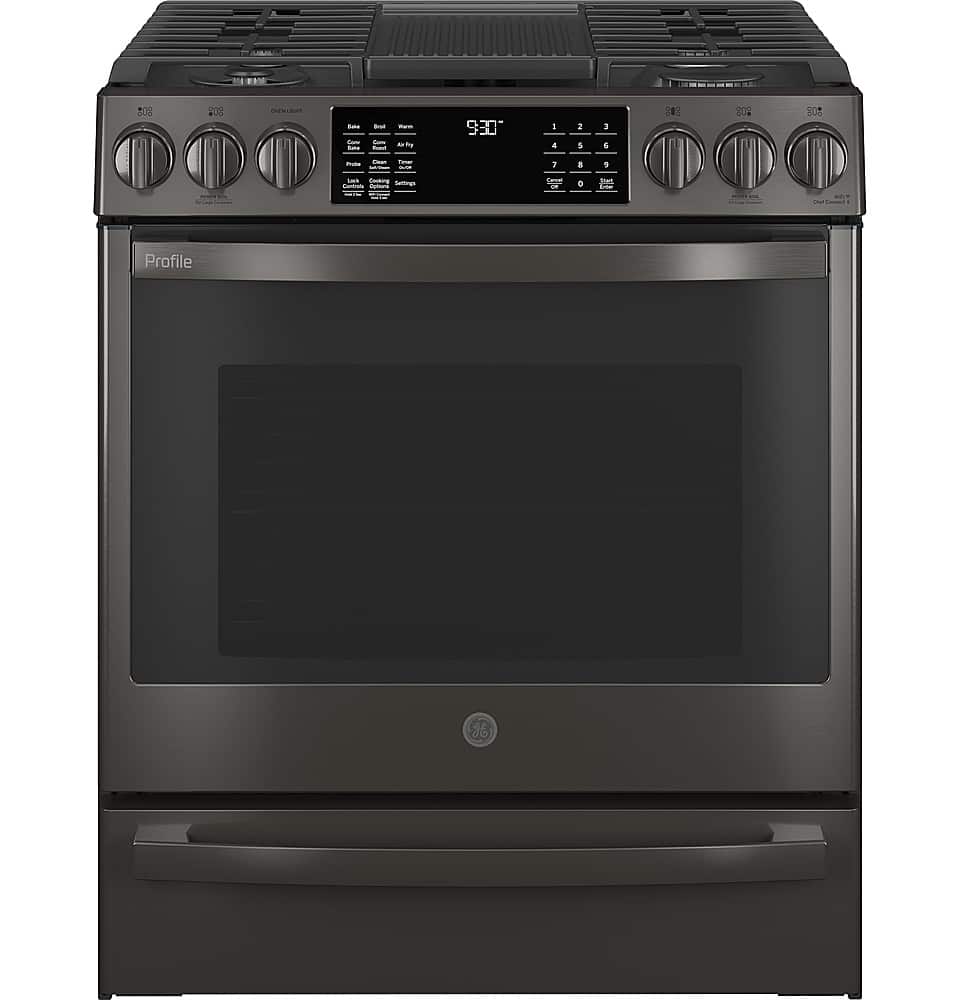 GE Profile - 30 in. Wide 5 Burners 5.6 Cu. Ft. Slide-In Gas True Convection Range with Built-In Wi-Fi and Hot Air Frying - Black Stainless Steel