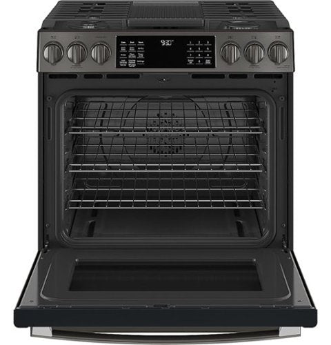 GE Profile - 30 in. Wide 5 Burners 5.6 Cu. Ft. Slide-In Gas True Convection Range with Built-In Wi-Fi and Hot Air Frying - Black Stainless Steel