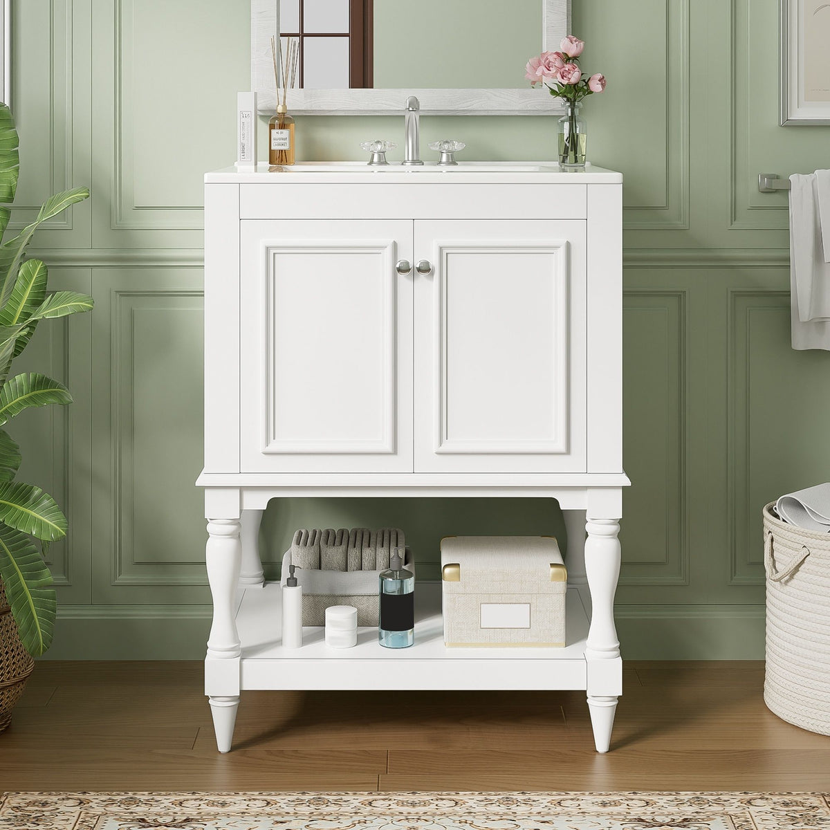 Mueble de baño moderno con lavabo, gabinete rectangular con estante abierto y almacenamiento cerrado