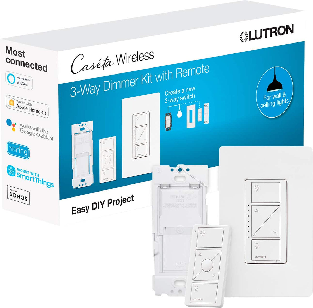 Lutron - Caseta Smart Dimmer Switch 3-Way Kit with Remote (2 Points of Control) - White