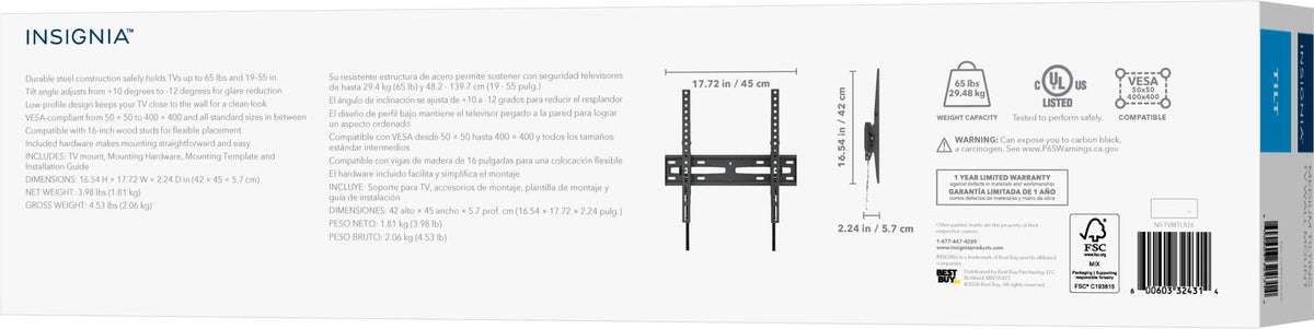 Insignia™ - Tilting TV Wall Mount for Most 19–55" TVs, Up to 65 lbs - Black