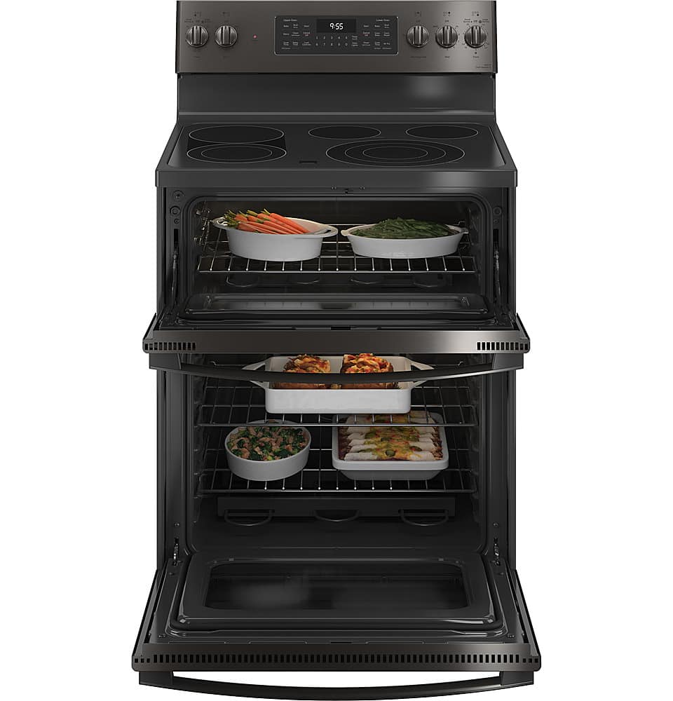 GE Profile - 30 in. Wide 5 Elements 6.6 Cu. Ft. Freestanding Double Oven Electric True Convection Range w/ Air Fry and Wi-Fi - Black Stainless Steel