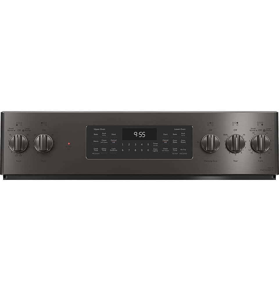 GE Profile - 30 in. Wide 5 Elements 6.6 Cu. Ft. Freestanding Double Oven Electric True Convection Range w/ Air Fry and Wi-Fi - Black Stainless Steel
