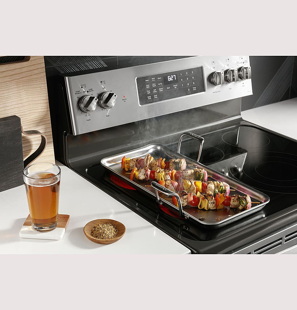 GE Profile - 30 in. Wide 5 Elements 6.6 Cu. Ft. Freestanding Double Oven Electric True Convection Range w/ Air Fry and Wi-Fi - Black Stainless Steel