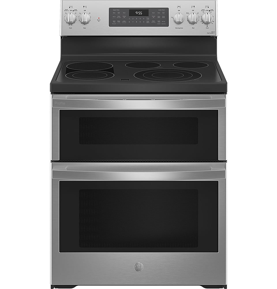 GE Profile - 30" Wide 5 Elements 6.6 Cu. Ft. Freestanding Double Oven Electric True Convection Range w/ No Preheat Air Fry and Wi-Fi - Stainless Steel