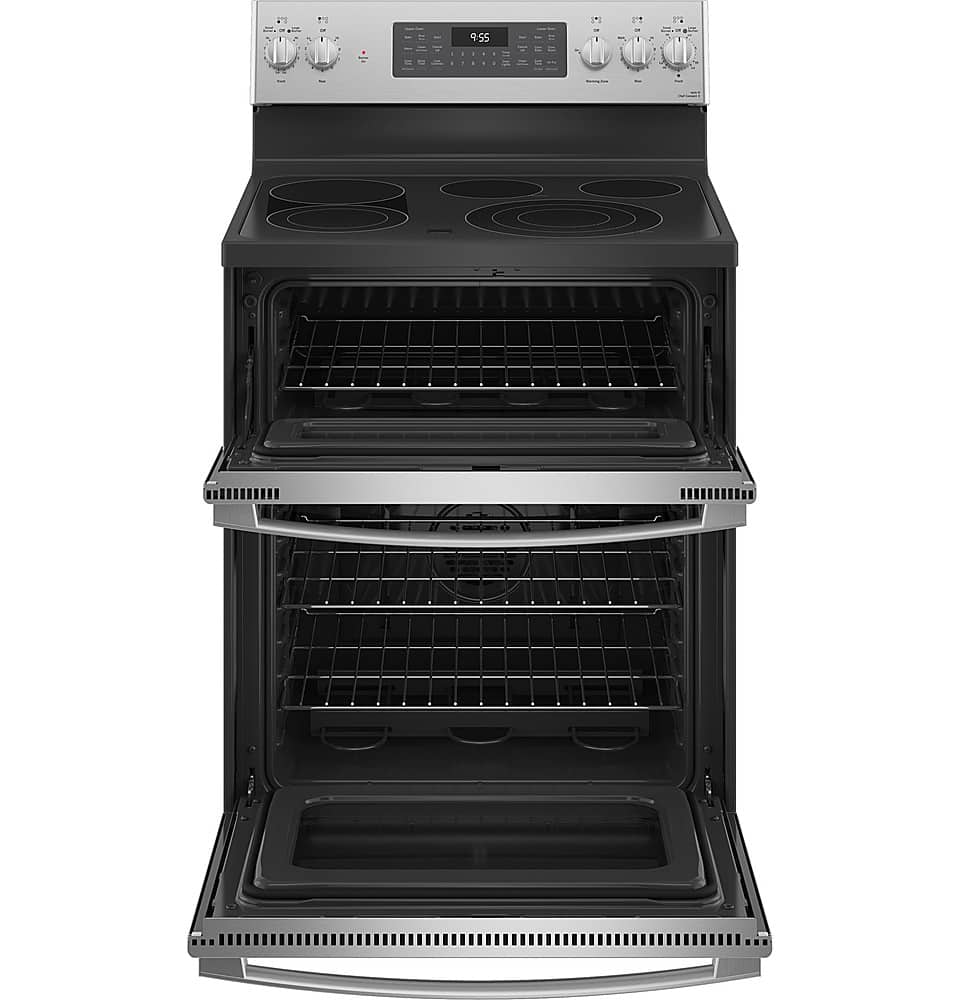 GE Profile - 30" Wide 5 Elements 6.6 Cu. Ft. Freestanding Double Oven Electric True Convection Range w/ No Preheat Air Fry and Wi-Fi - Stainless Steel