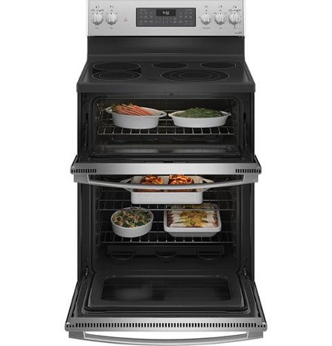 GE Profile - 30" Wide 5 Elements 6.6 Cu. Ft. Freestanding Double Oven Electric True Convection Range w/ No Preheat Air Fry and Wi-Fi - Stainless Steel