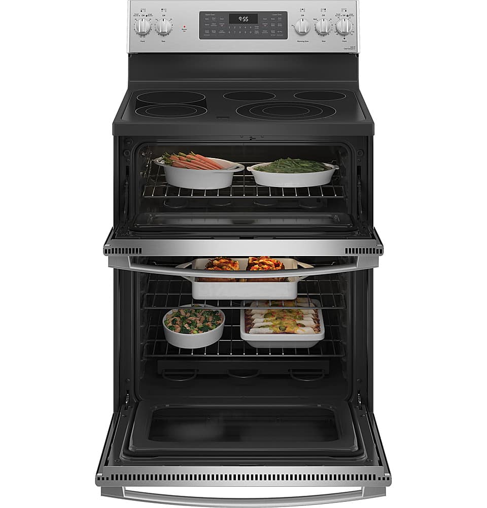 GE Profile - 30" Wide 5 Elements 6.6 Cu. Ft. Freestanding Double Oven Electric True Convection Range w/ No Preheat Air Fry and Wi-Fi - Stainless Steel