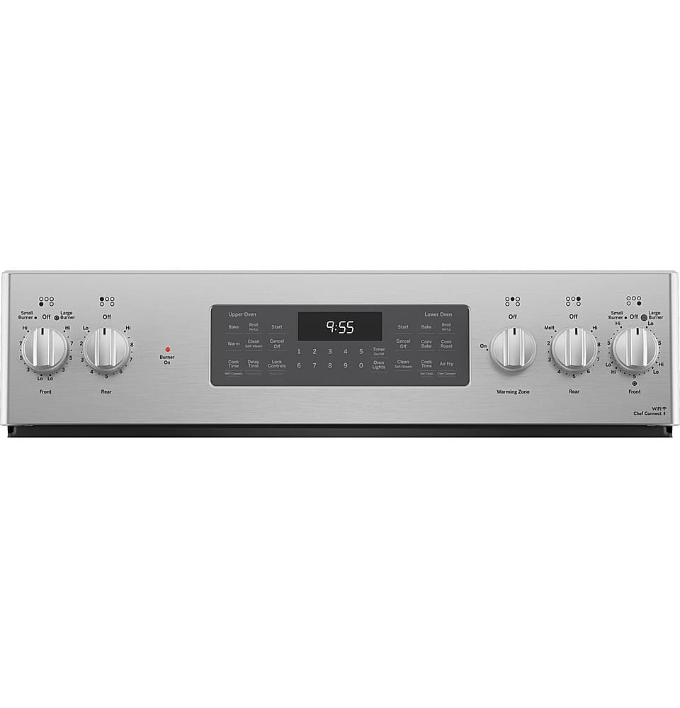 GE Profile - 30" Wide 5 Elements 6.6 Cu. Ft. Freestanding Double Oven Electric True Convection Range w/ No Preheat Air Fry and Wi-Fi - Stainless Steel