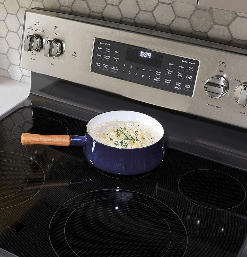 GE Profile - 30" Wide 5 Elements 6.6 Cu. Ft. Freestanding Double Oven Electric True Convection Range w/ No Preheat Air Fry and Wi-Fi - Stainless Steel