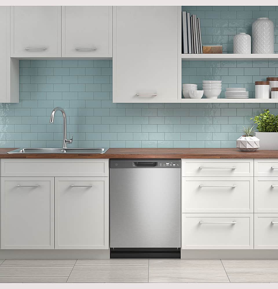 GE - 24" Front Control Built-In Plastic Tub Dishwasher with Steam + Sanitization and 55 dBA - Stainless Steel