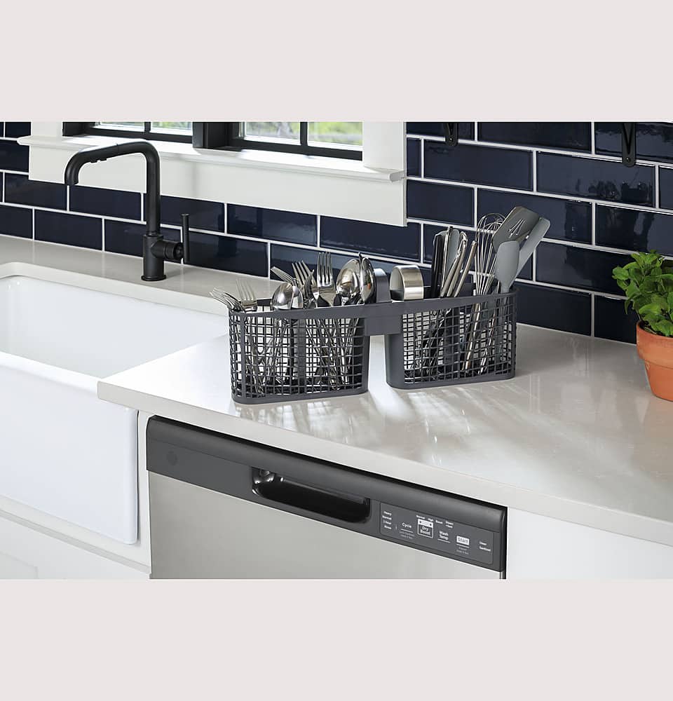 GE - 24" Front Control Built-In Plastic Tub Dishwasher with Steam + Sanitization and 55 dBA - Stainless Steel