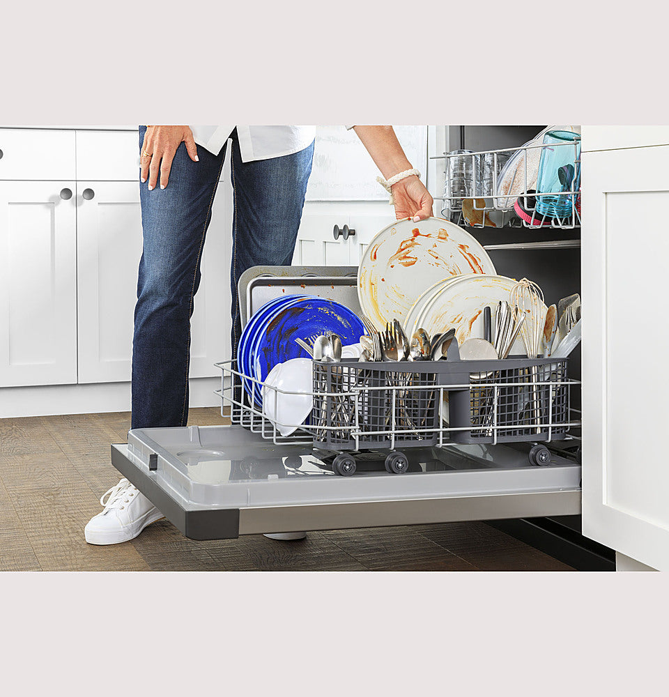 GE - 24" Front Control Built-In Plastic Tub Dishwasher with Steam + Sanitization and 55 dBA - Stainless Steel