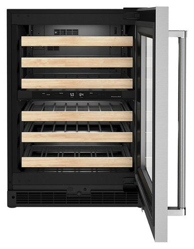 KitchenAid - 46-Bottle Dual Zone Wine Cellar with Glass Door and Wood-Front Racks - Stainless Steel