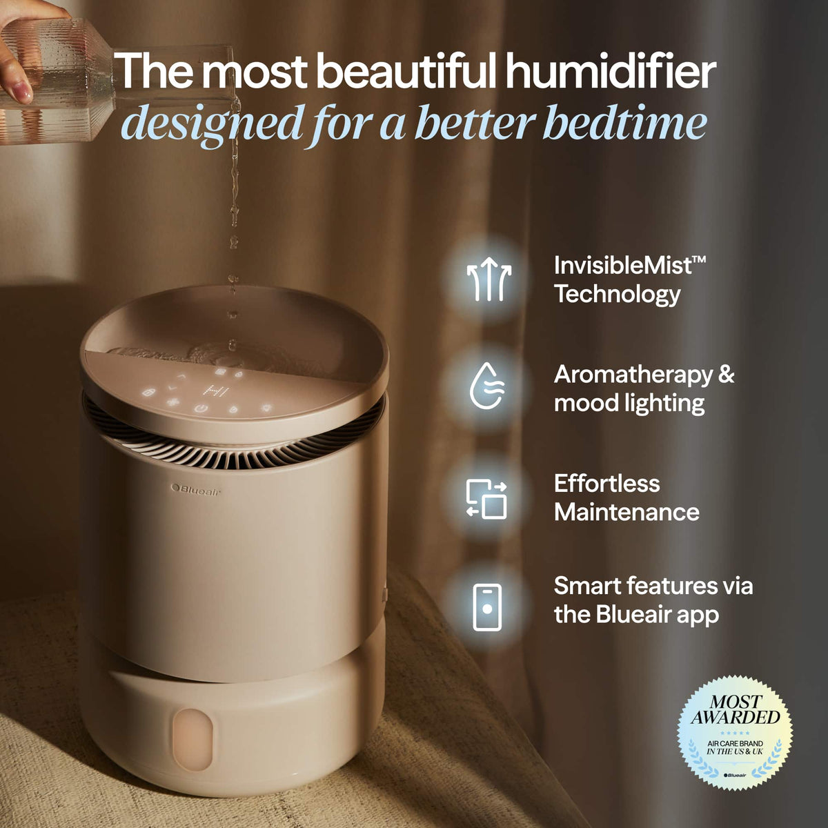 Blueair - Smart Dreamwell Evaporative Humidifier, 1-Gallon Tank, Mist & Mold Free, 596 sq ft - Beige
