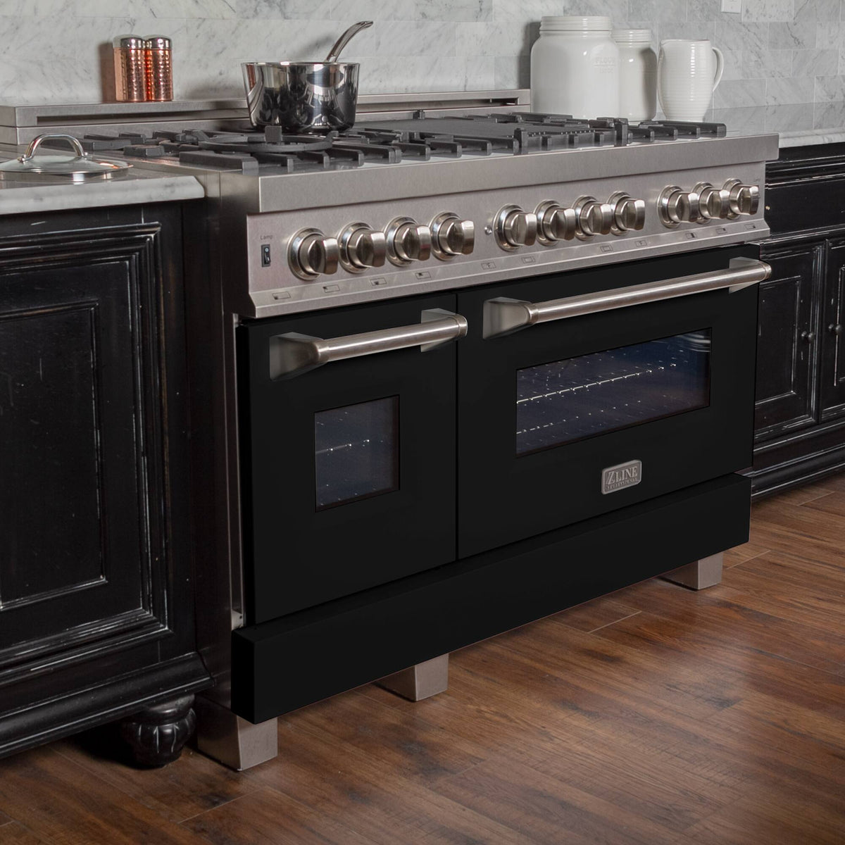 ZLINE - 48 in. Wide 7 Burner Legacy Dual Fuel Range in Satin Stainless Steel w/ Black Matte Doors (RAS-BLM-48) - Stainless Steel/Black Matte Door