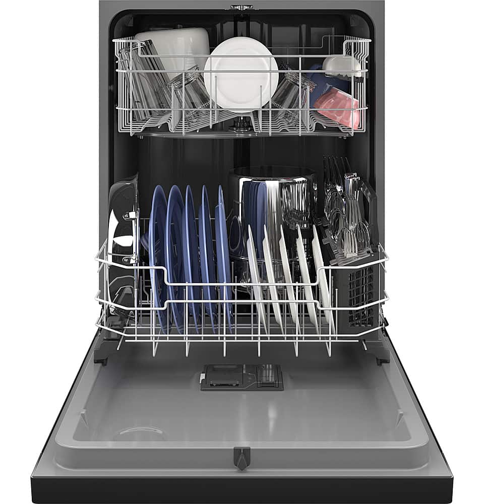 GE - 24" Front Control Built-In Plastic Tub Dishwasher with Steam + Sanitization and 52 dBA - Black