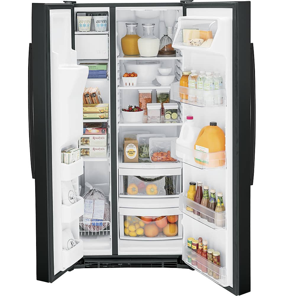 GE - 33 in. Wide 23.2 Cu. Ft. Side-by-Side Refrigerator with External Ice & Water Dispenser - High Gloss Black
