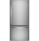 GE - 33 in. Wide 24.8 Cu. Ft. Bottom-Freezer Refrigerator with Sliding Snack Drawer - Stainless Steel