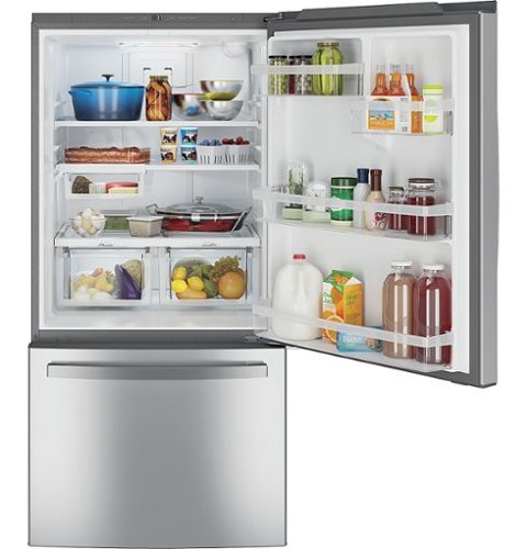GE - 33 in. Wide 24.8 Cu. Ft. Bottom-Freezer Refrigerator with Sliding Snack Drawer - Stainless Steel