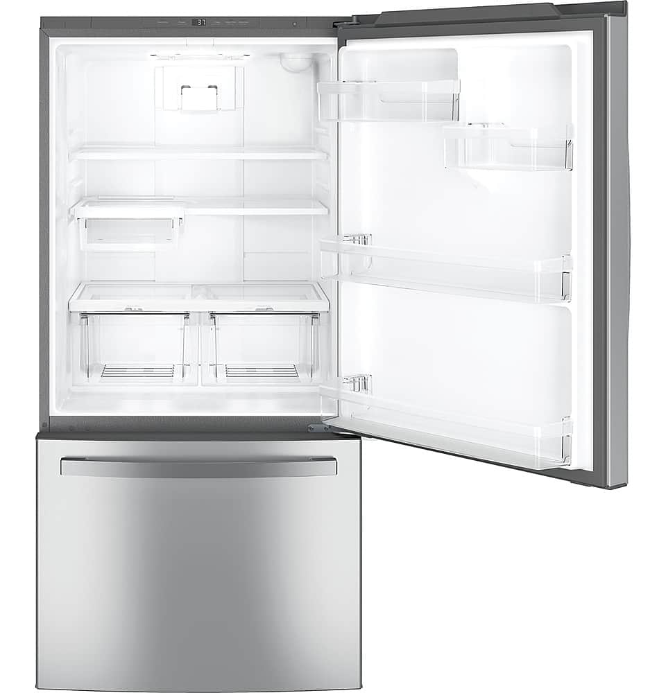 GE - 33 in. Wide 24.8 Cu. Ft. Bottom-Freezer Refrigerator with Sliding Snack Drawer - Stainless Steel