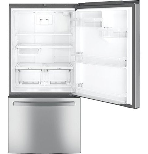 GE - 33 in. Wide 24.8 Cu. Ft. Bottom-Freezer Refrigerator with Sliding Snack Drawer - Stainless Steel