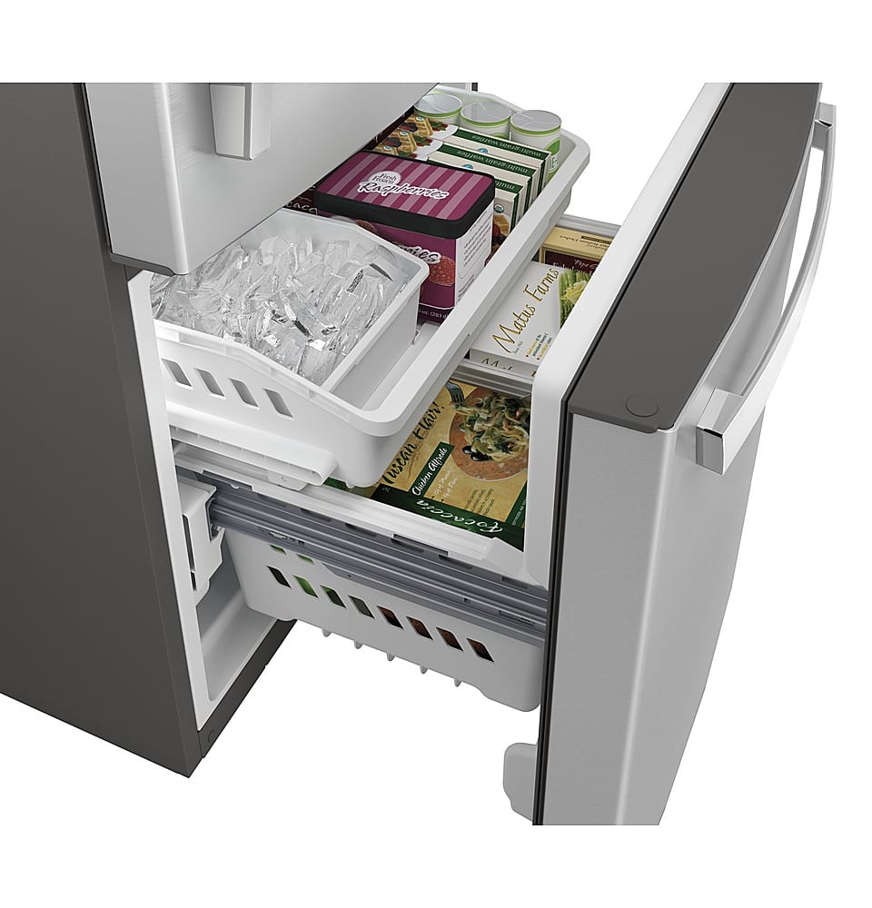 GE - 33 in. Wide 24.8 Cu. Ft. Bottom-Freezer Refrigerator with Sliding Snack Drawer - Stainless Steel