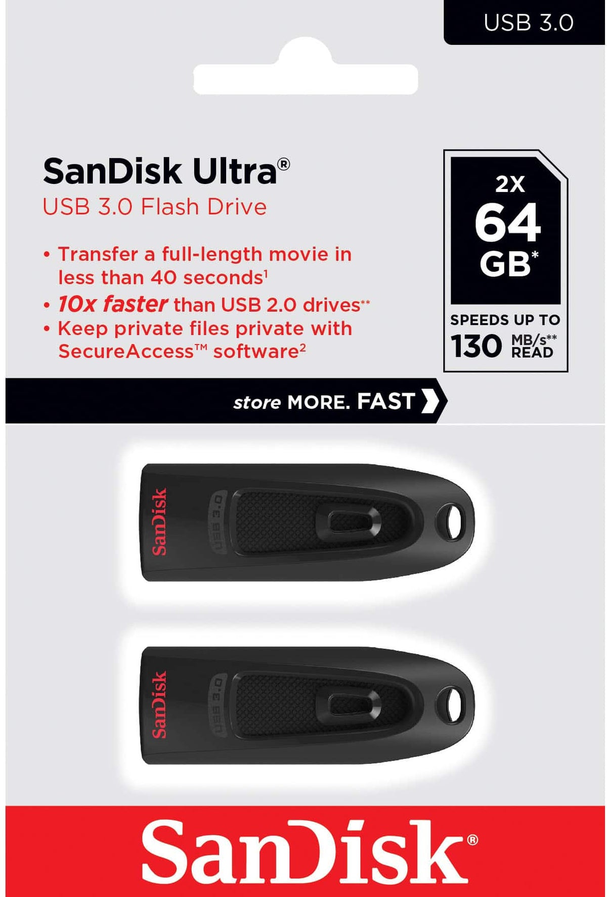 SANDISK - Ultra 64GB USB 3.0 Flash Drive with Hardware Encryption (2-Pack) - Black